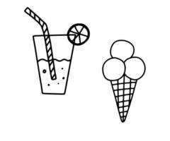 helado de garabato dibujado a mano y limonada. boceto de ilustración vectorial para menú de café, tarjeta, decoración de tarjetas de cumpleaños. vector