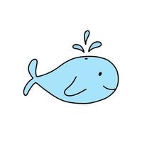 Cute doodle whale with water isolated on white background. Vector marine illustration