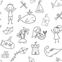 Cute childish monochrome seamless pattern with funny kids, mermaid and whale in doodle style on white background. vector