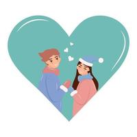 una pareja de niños y niñas se toman de la mano y sonríen. día de San Valentín. ilustración vectorial vector