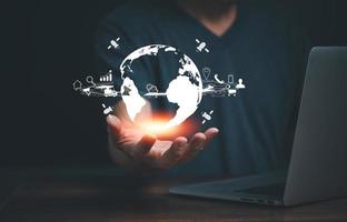 Man hand holding virtual digital Global internet link connection information and communication, Metaverse big data technology for application, business, digital marketing, financial and banking. photo