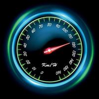 Shiny car speedometer with red arrow and glowing flame