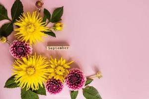 beautiful bright dahlias, autumn flowering flowers in a composition with a wooden calendar. September. top view. flat layout. space for text.