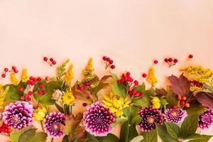 bright multi-colored border of autumn flowers and berries on a beige background. a copy of the space. top view. postcard. festive poster. photo