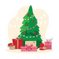 Christmas tree with a garland. Christmas gifts under the tree. New Year mood. Vector image.