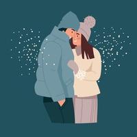 Lovers in winter clothes. A man and a woman huddle under the snow. Romance. Vector image.