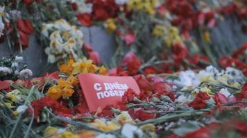 le jour de la victoire, un jour férié chômé, qui commémore la capitulation de l'allemagne nazie devant l'union soviétique pendant la seconde guerre mondiale. fleurs placées devant un monument, en lettonie. video