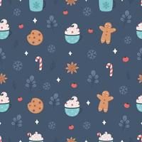 Christmas seamless pattern with hot drinks, cookies, lollipop, cinnamon. Merry Christmas. vector