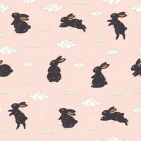 Black rabbits with Chinese New Year symbols seamless pattern. Year of the Rabbit. Mid autumn festival. vector