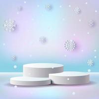 escena del podio del producto de invierno de navidad. vacaciones de invierno pedestal hielo nieve 3d renderizado vector fondo con podio. ilustración vectorial
