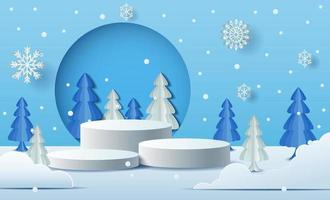 paisaje invernal navideño con escena de podio de producto. vacaciones de invierno pedestal hielo nieve 3d renderizado vector fondo con podio. ilustración vectorial