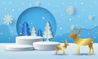 Christmas Winter landscape with product podium scene and gold reindeer. winter holiday pedestal ice snow 3d rendering vector background with podium. Vector illustration