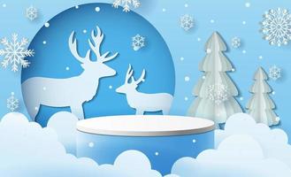 paisaje invernal navideño con escena de podio de productos, renos y pinos. vacaciones de invierno pedestal hielo nieve 3d renderizado vector fondo con podio. ilustración vectorial