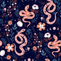 Seamless pattern with snakes, flowers, stars. Vector graphics.