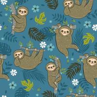 Seamless pattern with sloths and tropical leaves. Vector graphics.