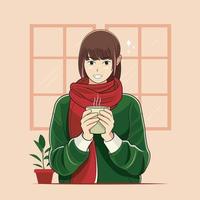 niña sonriendo mientras bebe té caliente vector ilustración pro descargar