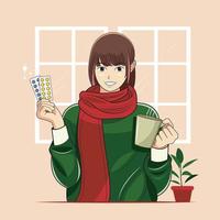 Smiling Young Girl holding hot tea and vitamins vector illustration free download