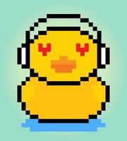 8-bit duck pixels are swimming. Animal game assets in vector illustrations.