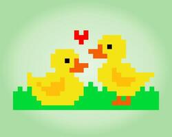 Una pareja de patos de píxeles de 8 bits se enamora. activos de juegos de animales en ilustraciones vectoriales. vector