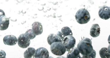 Close-up shot of blueberries falling into clean water in slow motion. video