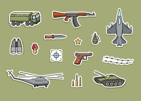 Stickers Military doodle color icons. Vector illustration of a set of military equipment, army items.