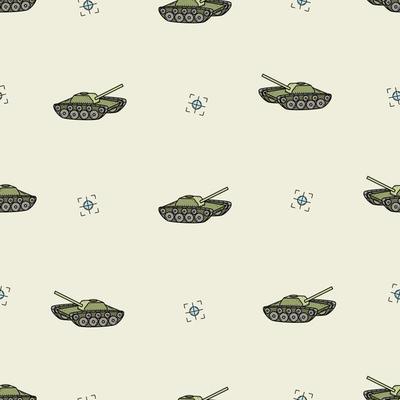 Seamless Pattern Tank with cannon doodle icon. Vector illustration of military equipment.
