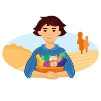 Vector illustration guy with a basket of vegetables after good autumn harvest. Near autumn fields and golden tree.