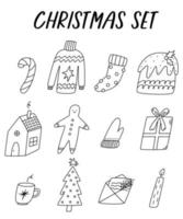 Christmas hygge outline set. New year line cute elements. Cozy warm winter. Vector cartoon hand drawn illustration for holiday.