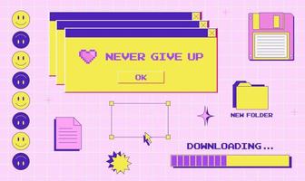 Old computer user interface, 90s 2000s style, retro pc elements, trendy y2k aesthetic set, smile, pixel heart, folder, floppy disk, nostalgia, vector illustration