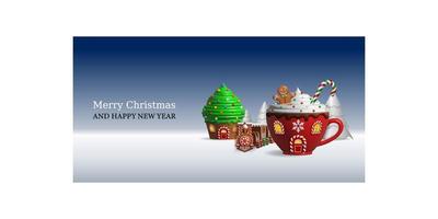 christmas banner with fantasy landscape. christmas background with sweet shaped houses and gingerbread train. vector