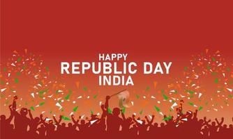 poster illustration for Republic Day celebration, gradient background, wavy Indian flag, crowd of people partying celebrating victory vector