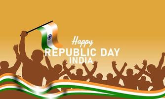 poster for Republic Day celebration, gradient background, wavy Indian flag color ribbon, crowd vector