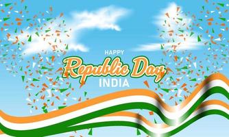 cartel de celebración del día de la república, con ilustración de fondo de cielo blanco y nubes, cinta de color de bandera india ondulada vector