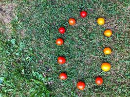 letter made from tomato. inscription from vegetables. the letter O is lined with red and yellow, juicy and round tomatoes. Vitamin letter, on a background of yellow grass. vegetable salad photo