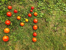 letter made from tomato. inscription from vegetables. the letter M is lined with red, pink, yellow, juicy and round tomatoes. Vitamin letter, on a background of herbs. vegetable salad, healthy snack photo