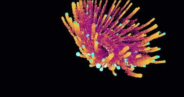 abstrakt animering rörelse design av en skön runda spiral av partiklar med ett explosion av ljus flerfärgad orange-blå rök magisk energi effekt på en svart bakgrund i hög upplösning 4k video
