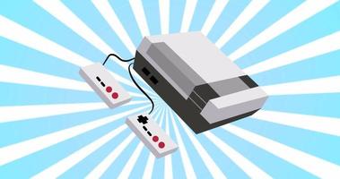 design de loop de movimento de animação de um antigo console de jogos retrô hipster com joysticks dos anos 90, 80 e 70 no fundo do efeito dos raios solares abstratos azuis em alta resolução 4K video