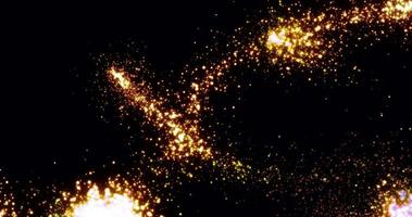 feestelijk vurig geel vuurwerk, mooi helder gloeiend glimmend energie magisch lijnen en strepen van groet deeltjes. abstract achtergrond, inleiding, video in hoog kwaliteit 4k