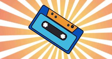 design de movimento de loop de animação com uma velha cassete de áudio de música hipster disco retro dos anos 90, 80 contra o pano de fundo de um efeito sunburst em alta resolução 4K video