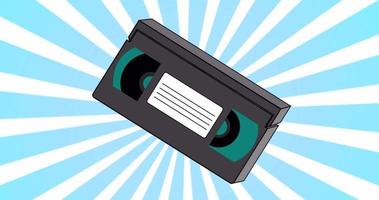 conception de boucle de mouvement d'animation d'une vieille cassette vidéo de film hipster rétro vhs des années 90, 80, 70 sur le fond de l'effet des rayons de soleil abstraits bleus en haute résolution 4k video