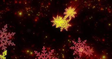 Abstract background of yellow neon cold winter Christmas New Year festive glowing snowflakes. Screensaver beautiful video animation in high resolution 4k