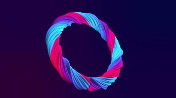 Abstract looped animation motion design with a beautiful voluminous multi-colored luminous pink-purple twisting ring made of metal and lines on a dark background in high resolution 4k video