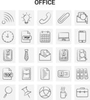 25 iconos de oficina dibujados a mano conjunto de garabatos vectoriales de fondo gris vector