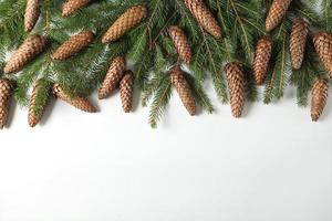 Holidays greeting card or banner composition with pine tree branches. Merry Christmas background and Happy New Year 2023. photo