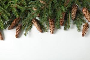 Holidays greeting card or banner composition with pine tree branches. Merry Christmas background and Happy New Year 2023. photo