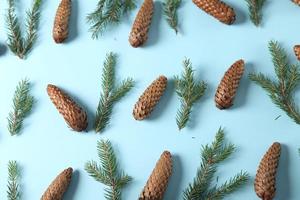Holidays greeting card or banner composition with pine tree branches. Merry Christmas background and Happy New Year 2023. photo
