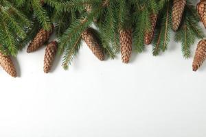 Holidays greeting card or banner composition with pine tree branches. Merry Christmas background and Happy New Year 2023. photo