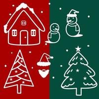 Outline of cute christmas element, christmas tree snowman and tiny house. vector