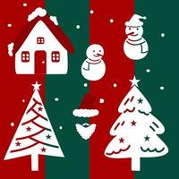 conjunto de silueta de elemento de navidad, muñeco de nieve de árboles de navidad y santa claus. vector
