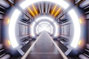 Illuminated hallway of futuristic spaceship. 3d render photo